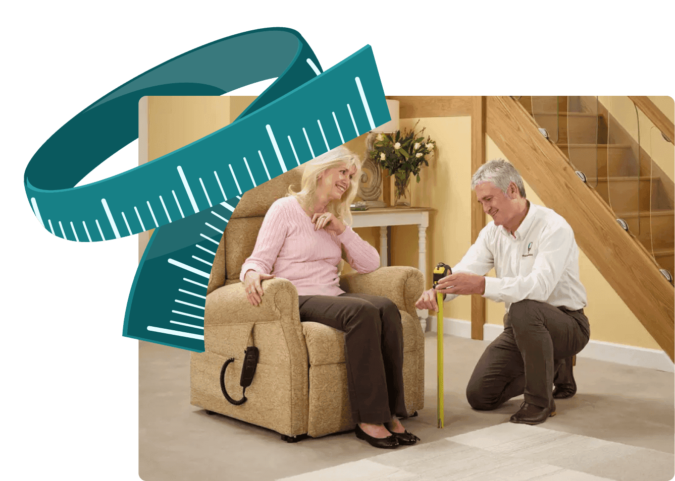 Image of a member of our team measuring a chair in a customers home