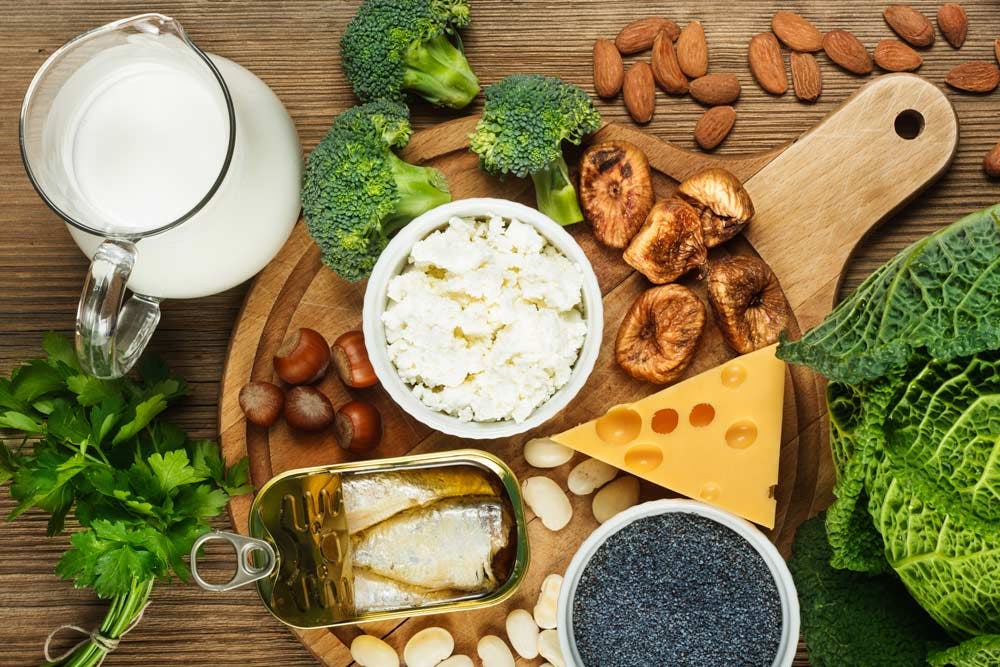 Board full of healthy food packed with calcium