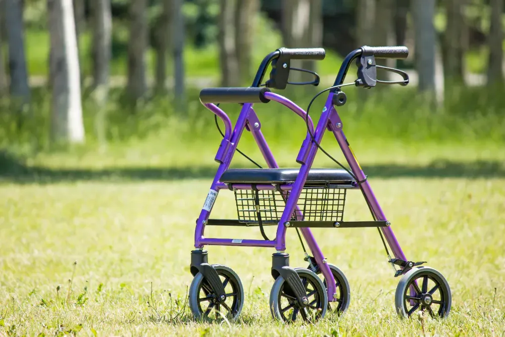 older woman using a walking aid to walk outside with their grandchild