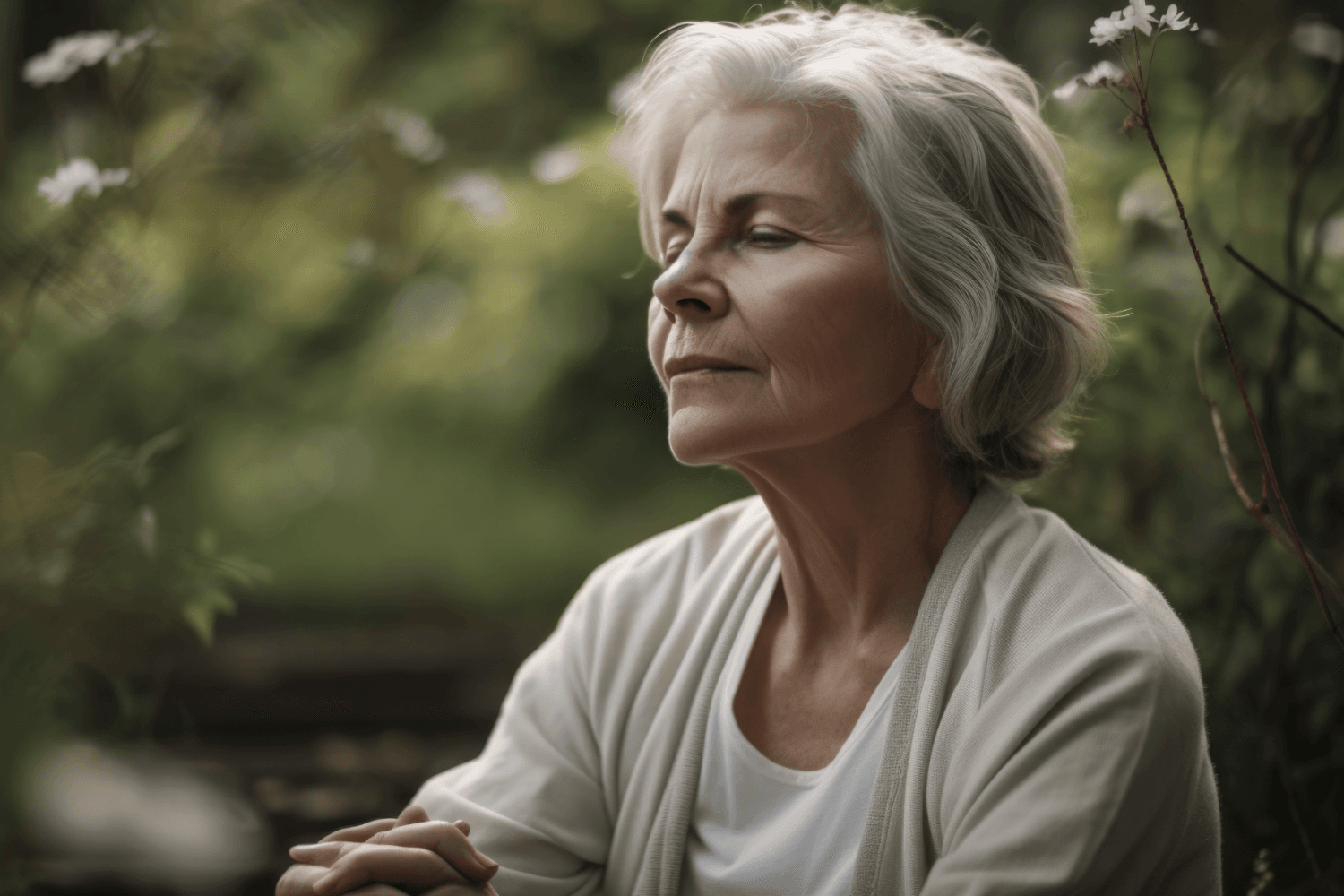 woman with grey hair and cardigan sat outside doing breathing exercises