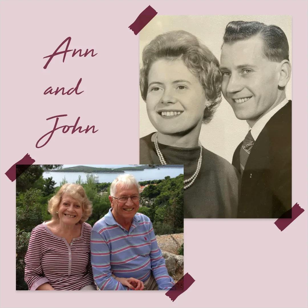 Image showing a happy couple called Anne and John smiling when they were younger and also another image below showing them smiling after 67 years of marriage.