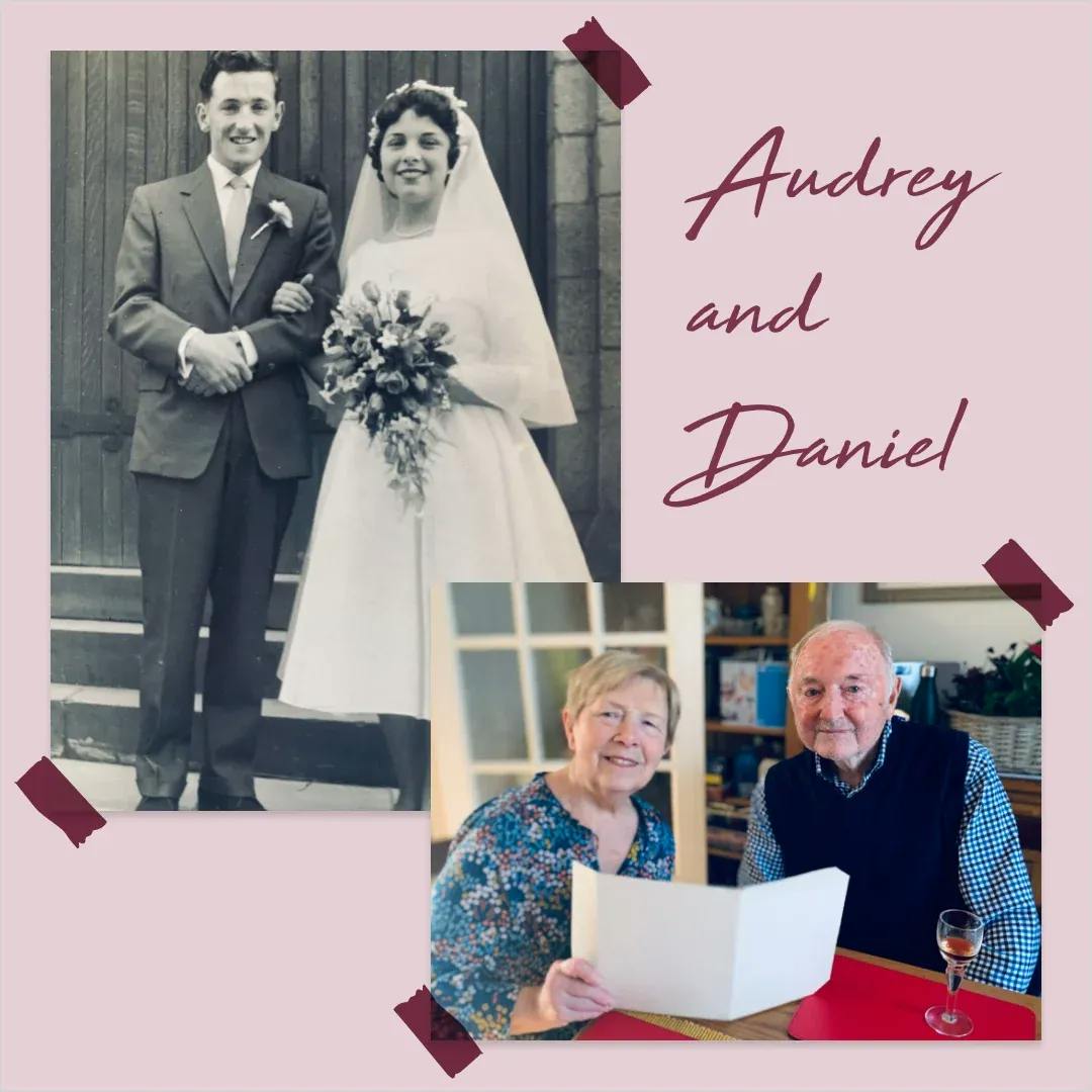 Image showing a happy couple called 'Audrey and Daniel' on their wedding day and also a recent picture of them together after 63 years of marriage.