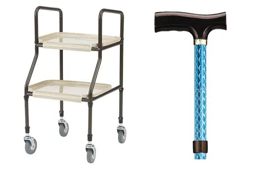 An image of a Zimmer frame and a walking stick