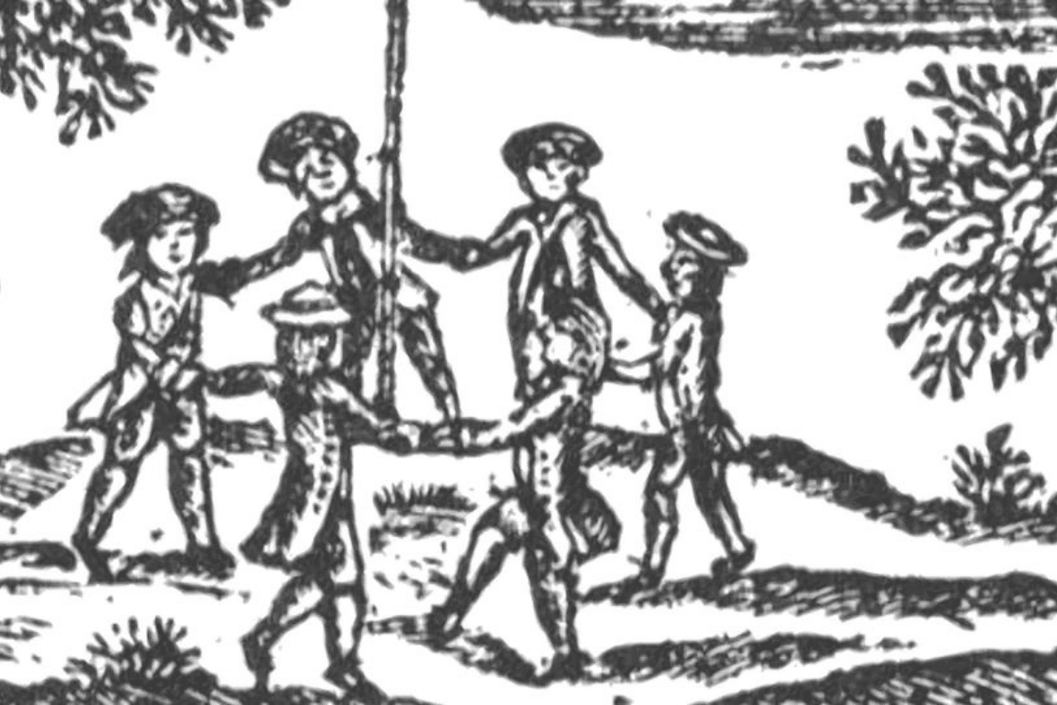 Old drawing of kids dancing around maypole