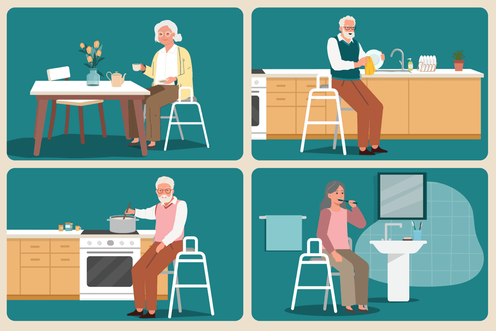 Cartoon storyboard of four older people carrying out every day tasks on a perching stool