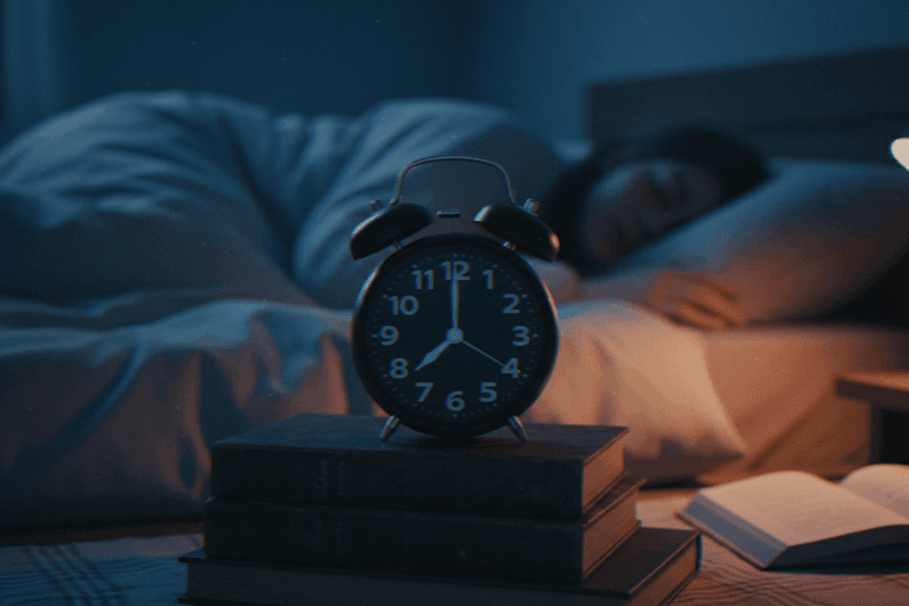 Close up of an alarm clock balanced on a stack of books on a beside table, with an older woman sleeping in the background